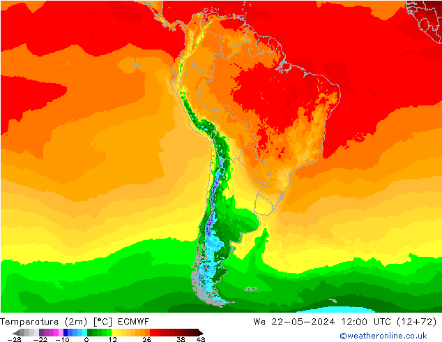 mapa temperatury (2m) ECMWF śro. 22.05.2024 12 UTC