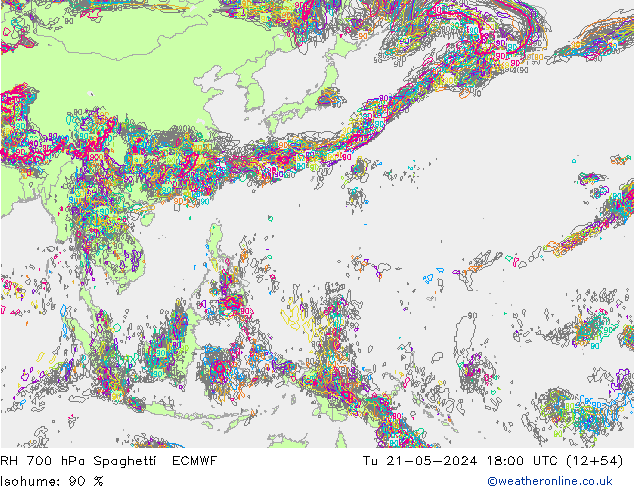 RH 700 hPa Spaghetti ECMWF Ter 21.05.2024 18 UTC