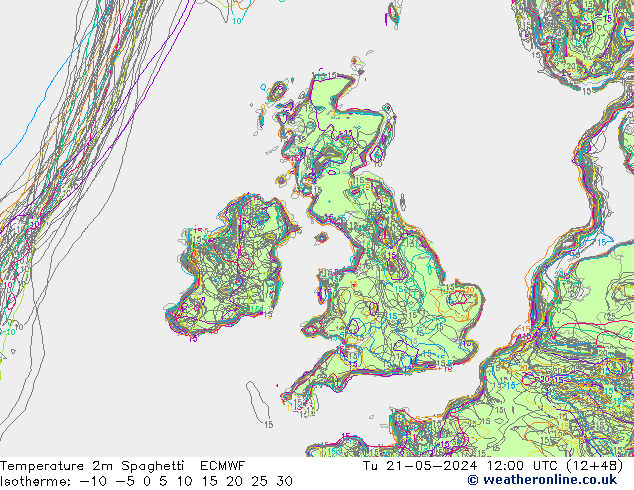 Temperature 2m Spaghetti ECMWF Út 21.05.2024 12 UTC