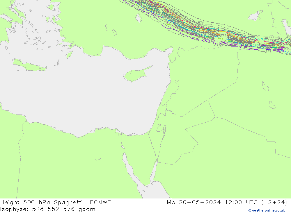 Height 500 hPa Spaghetti ECMWF pon. 20.05.2024 12 UTC