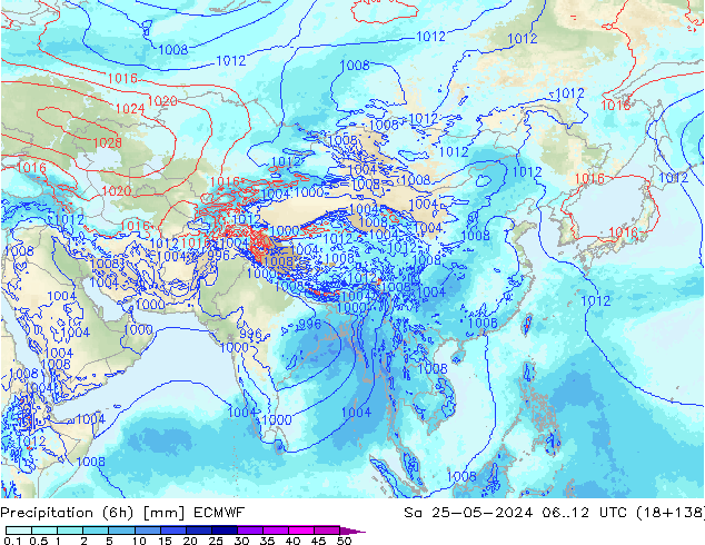 Precipitation (6h) ECMWF Sa 25.05.2024 12 UTC