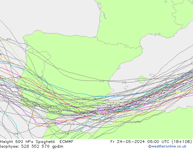 Hoogte 500 hPa Spaghetti ECMWF vr 24.05.2024 06 UTC
