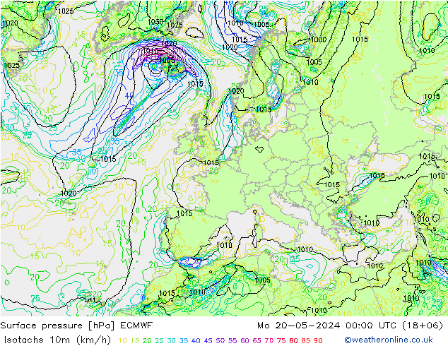 10米等风速线 (kph) ECMWF 星期一 20.05.2024 00 UTC