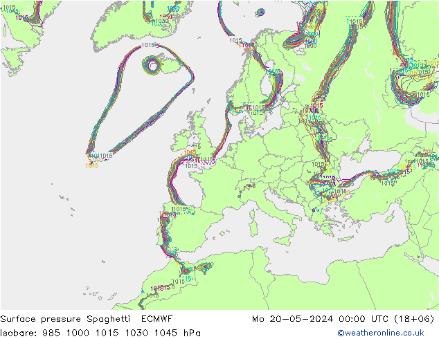 地面气压 Spaghetti ECMWF 星期一 20.05.2024 00 UTC