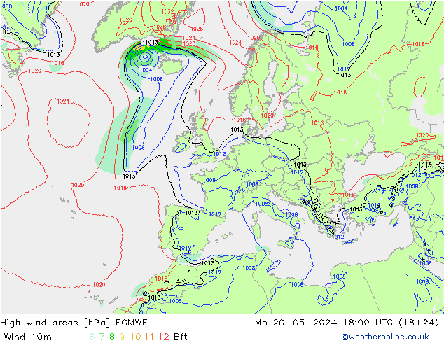 High wind areas ECMWF 星期一 20.05.2024 18 UTC