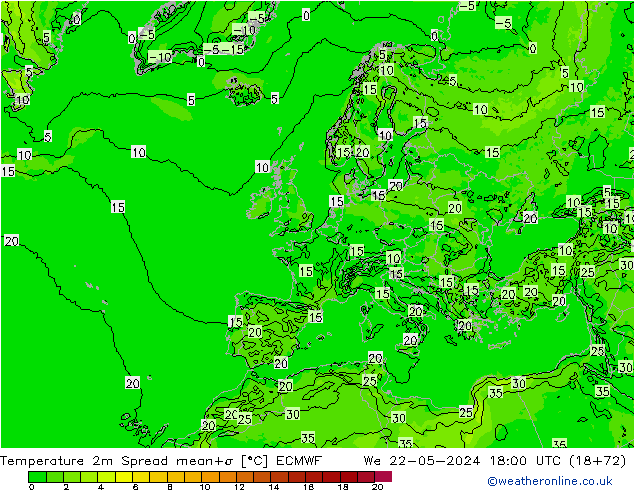 Temperatuurkaart Spread ECMWF wo 22.05.2024 18 UTC