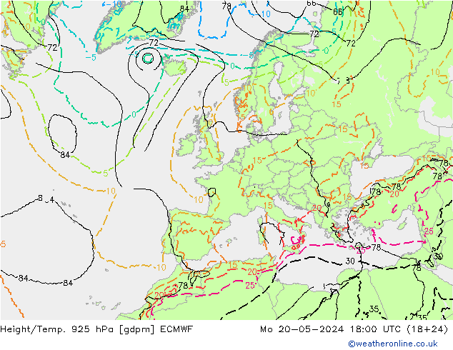 Height/Temp. 925 hPa ECMWF 星期一 20.05.2024 18 UTC
