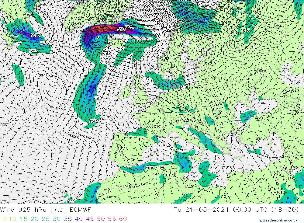 Wind 925 hPa ECMWF Út 21.05.2024 00 UTC
