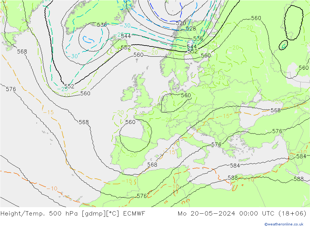 Height/Temp. 500 hPa ECMWF Mo 20.05.2024 00 UTC