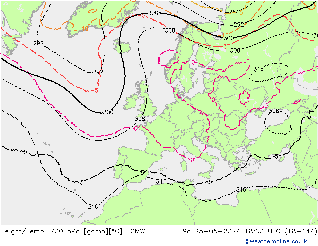Height/Temp. 700 hPa ECMWF sab 25.05.2024 18 UTC