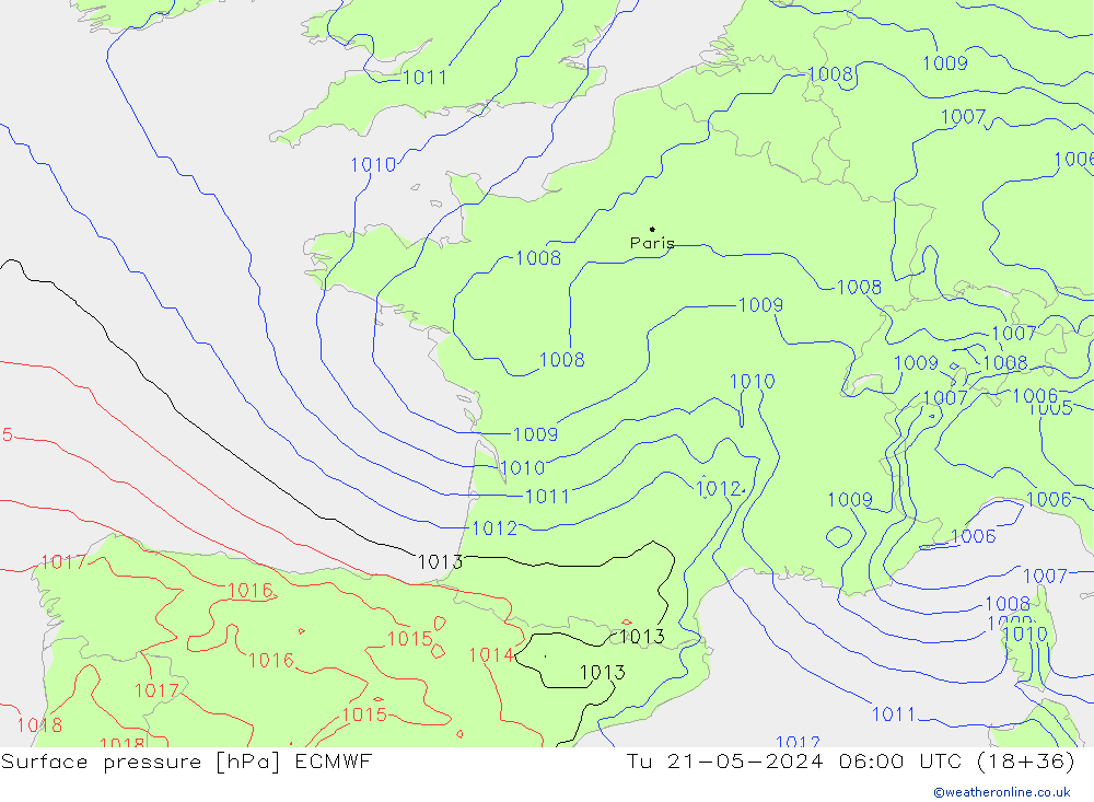 pressão do solo ECMWF Ter 21.05.2024 06 UTC