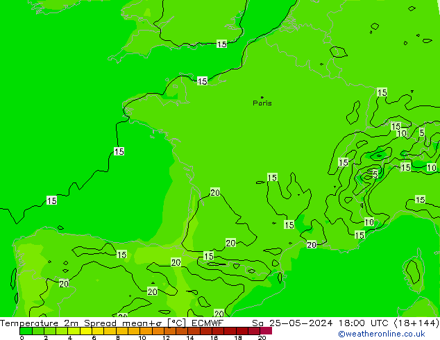 Temperatura 2m Spread ECMWF sab 25.05.2024 18 UTC