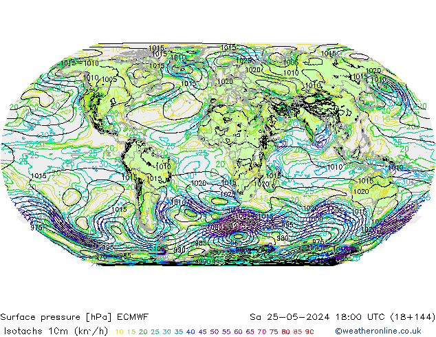 Isotachen (km/h) ECMWF za 25.05.2024 18 UTC
