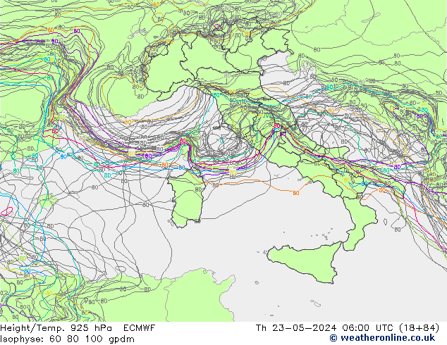Yükseklik/Sıc. 925 hPa ECMWF Per 23.05.2024 06 UTC