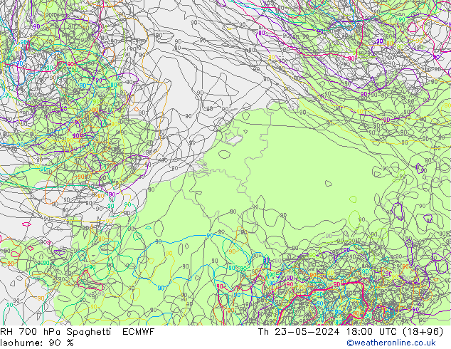 Humidité rel. 700 hPa Spaghetti ECMWF jeu 23.05.2024 18 UTC