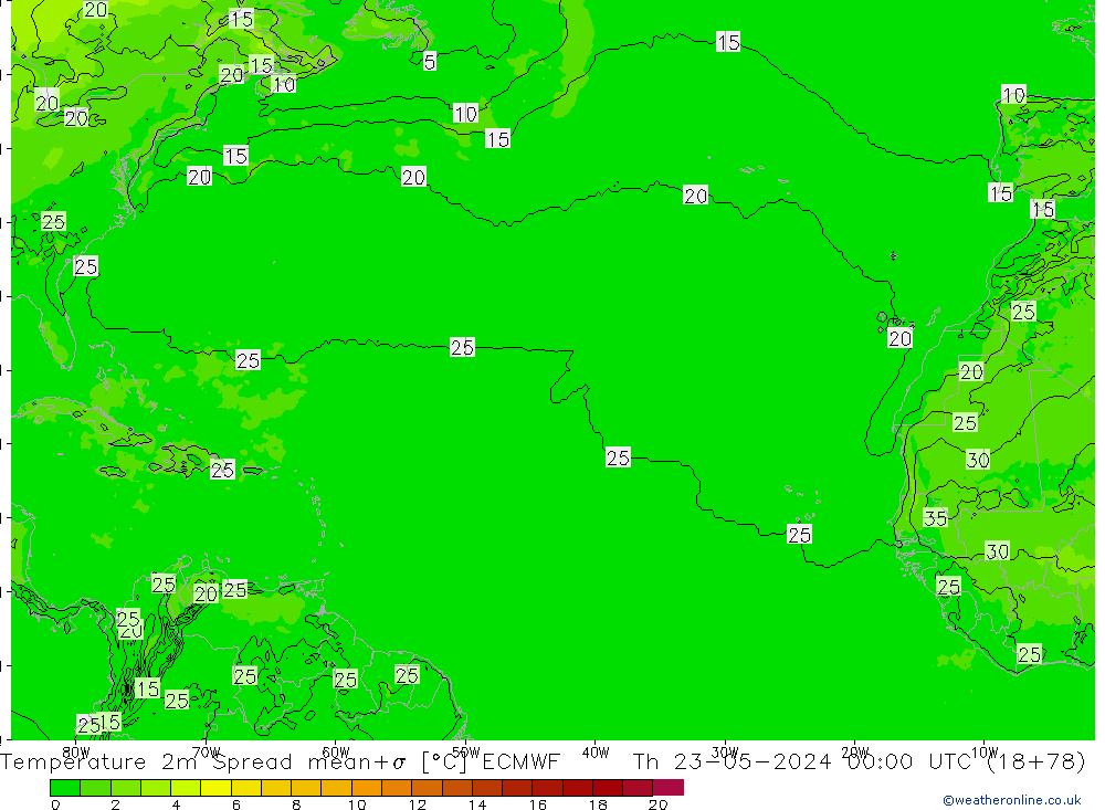 Sıcaklık Haritası 2m Spread ECMWF Per 23.05.2024 00 UTC