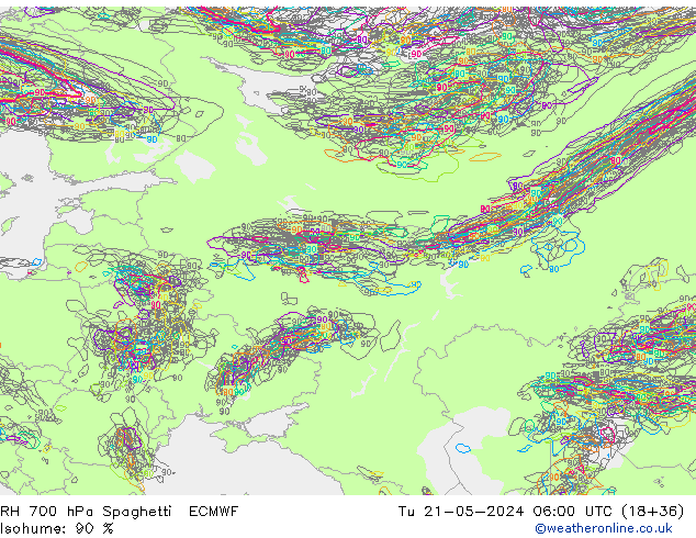RH 700 гПа Spaghetti ECMWF вт 21.05.2024 06 UTC