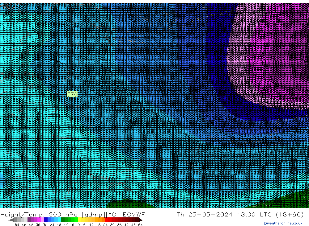 Height/Temp. 500 hPa ECMWF Čt 23.05.2024 18 UTC