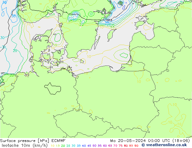 Isotachs (kph) ECMWF Mo 20.05.2024 00 UTC