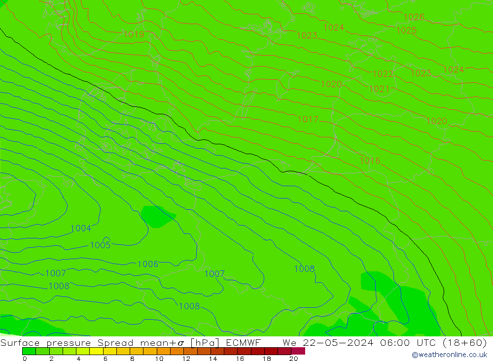 Luchtdruk op zeeniveau Spread ECMWF wo 22.05.2024 06 UTC
