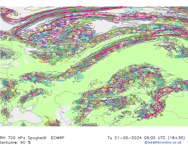 RH 700 hPa Spaghetti ECMWF Tu 21.05.2024 06 UTC