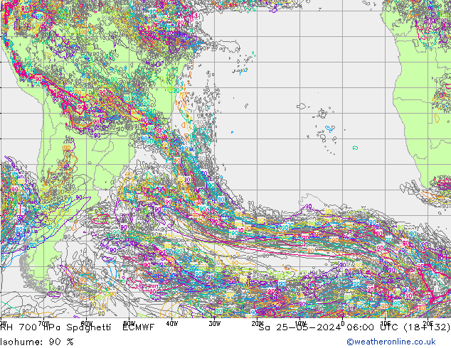 RH 700 hPa Spaghetti ECMWF Sa 25.05.2024 06 UTC