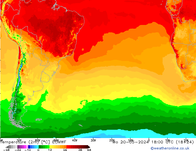mapa temperatury (2m) ECMWF pon. 20.05.2024 18 UTC