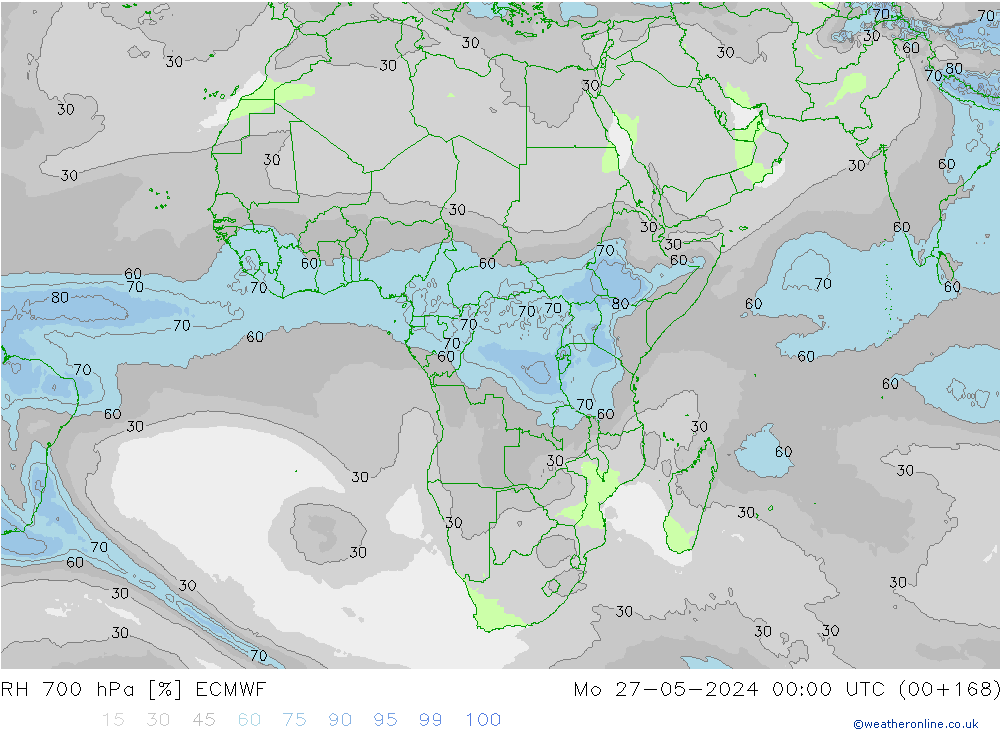 Humidité rel. 700 hPa ECMWF lun 27.05.2024 00 UTC