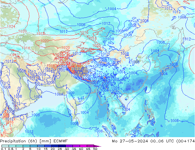 Totale neerslag (6h) ECMWF ma 27.05.2024 06 UTC