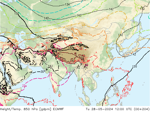 Géop./Temp. 850 hPa ECMWF mar 28.05.2024 12 UTC