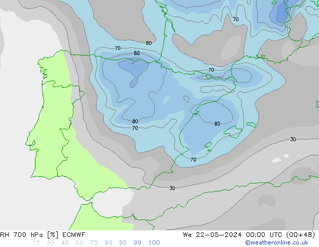 Humidité rel. 700 hPa ECMWF mer 22.05.2024 00 UTC