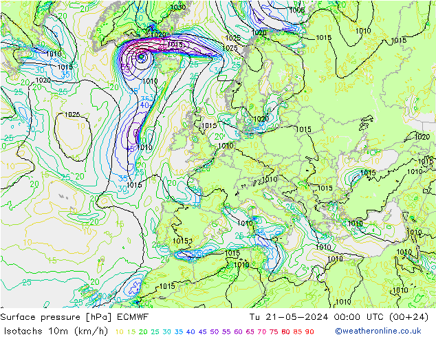 10米等风速线 (kph) ECMWF 星期二 21.05.2024 00 UTC
