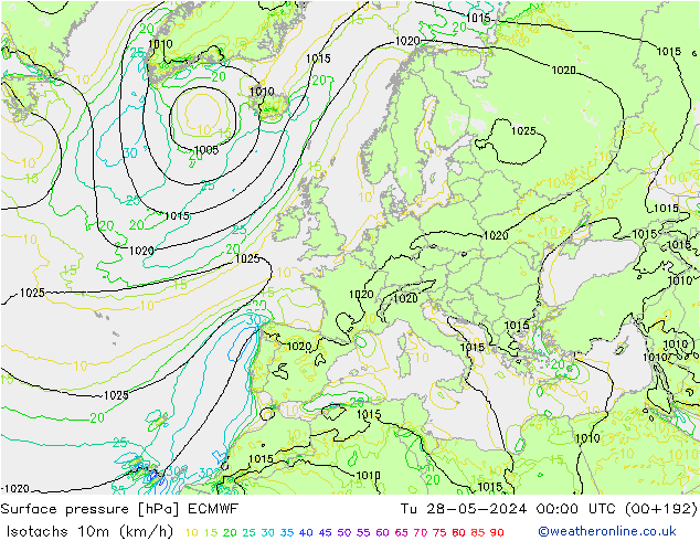 Isotachs (kph) ECMWF  28.05.2024 00 UTC