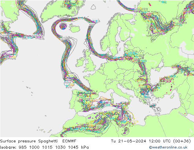 Luchtdruk op zeeniveau Spaghetti ECMWF di 21.05.2024 12 UTC