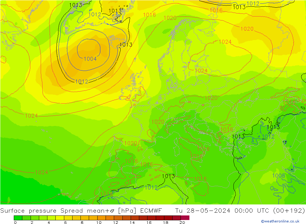 pressão do solo Spread ECMWF Ter 28.05.2024 00 UTC
