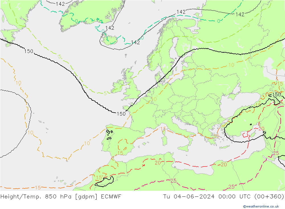 Height/Temp. 850 hPa ECMWF Tu 04.06.2024 00 UTC