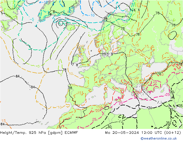 Height/Temp. 925 hPa ECMWF Mo 20.05.2024 12 UTC