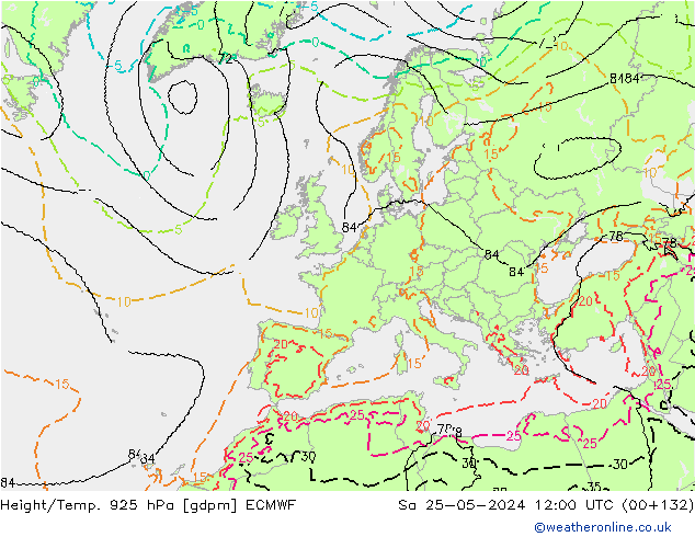 Height/Temp. 925 hPa ECMWF Sa 25.05.2024 12 UTC