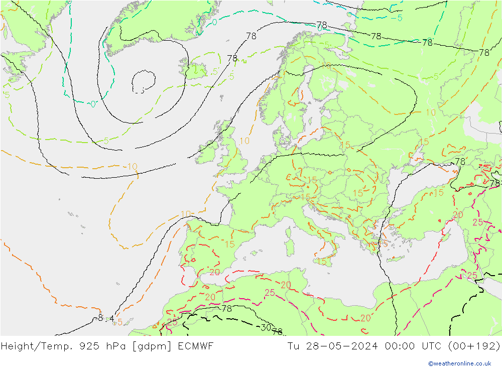 Height/Temp. 925 hPa ECMWF wto. 28.05.2024 00 UTC