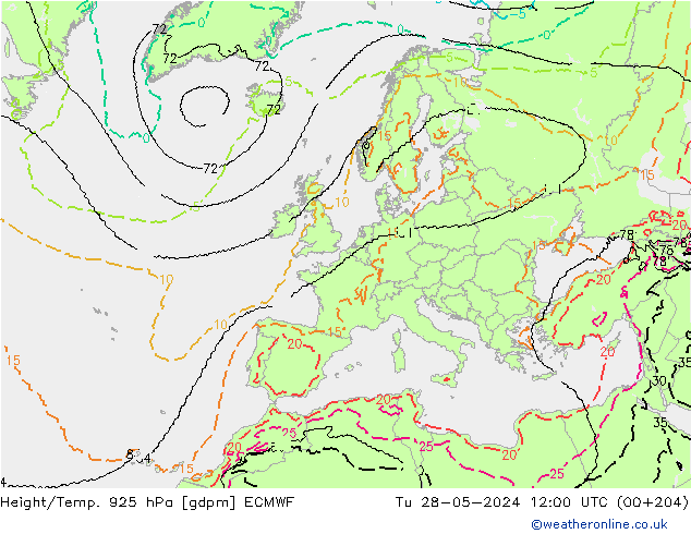 Height/Temp. 925 hPa ECMWF Di 28.05.2024 12 UTC