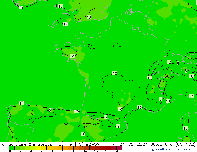 Temperatuurkaart Spread ECMWF vr 24.05.2024 06 UTC