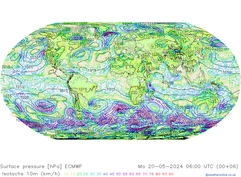 Isotachs (kph) ECMWF lun 20.05.2024 06 UTC