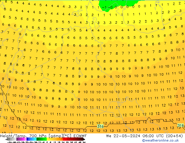 Height/Temp. 700 hPa ECMWF St 22.05.2024 06 UTC