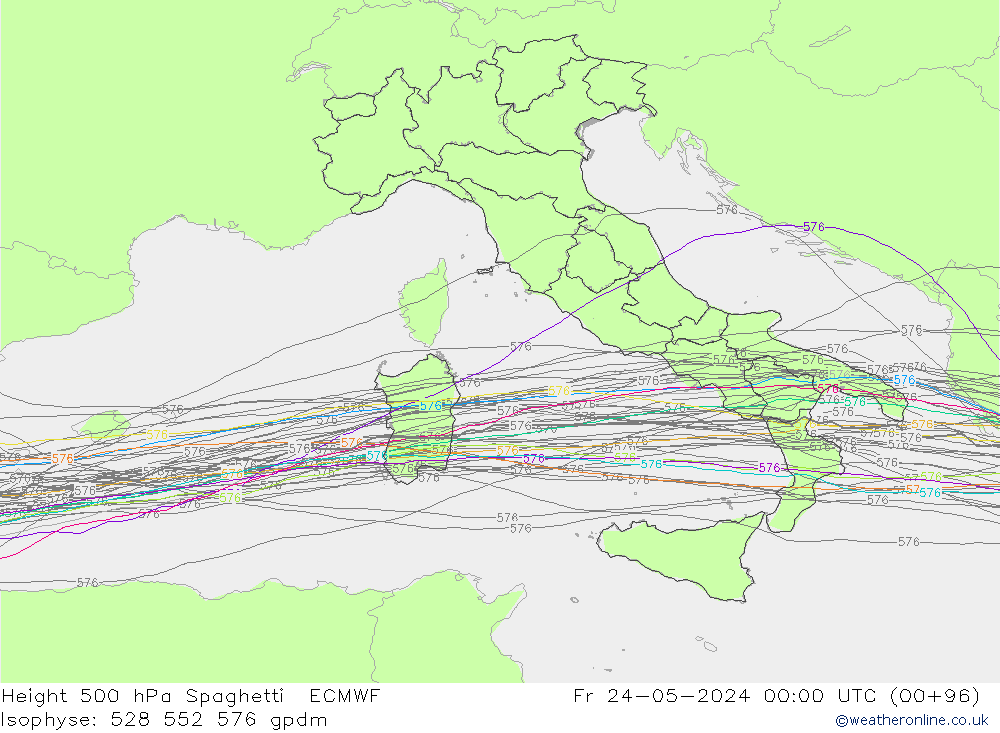Height 500 hPa Spaghetti ECMWF Pá 24.05.2024 00 UTC