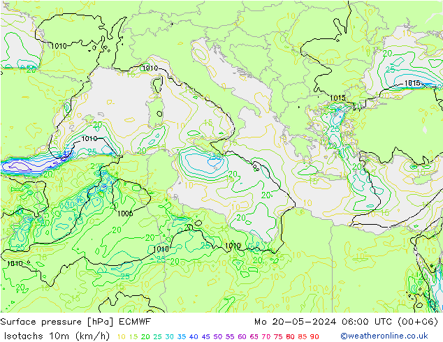 Isotachs (kph) ECMWF Mo 20.05.2024 06 UTC