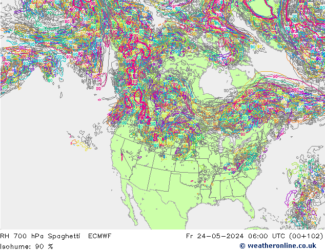 Humidité rel. 700 hPa Spaghetti ECMWF ven 24.05.2024 06 UTC