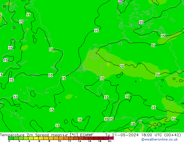 Temperaturkarte Spread ECMWF Di 21.05.2024 18 UTC