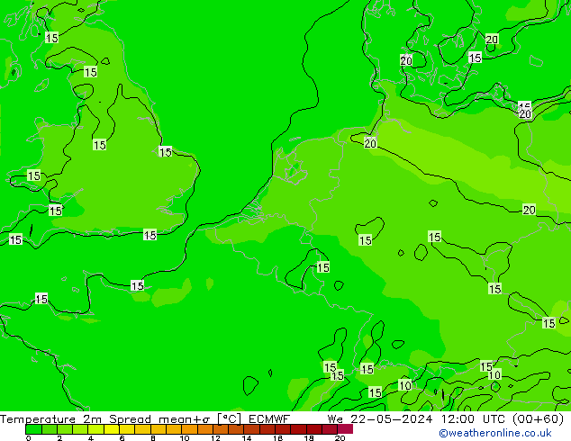 Temperature 2m Spread ECMWF We 22.05.2024 12 UTC