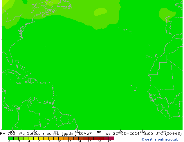 RH 700 hPa Spread ECMWF mer 22.05.2024 18 UTC