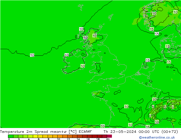température 2m Spread ECMWF jeu 23.05.2024 00 UTC